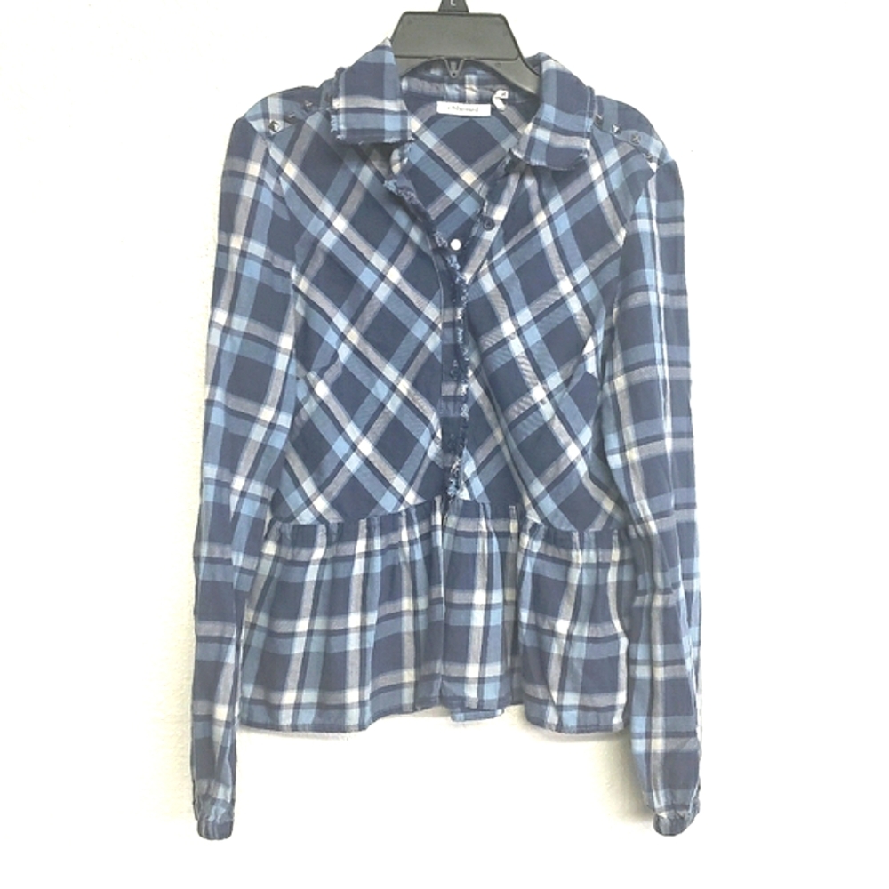 Embossed Plaid Denim Vintage Long Sleeves Blouse Size S